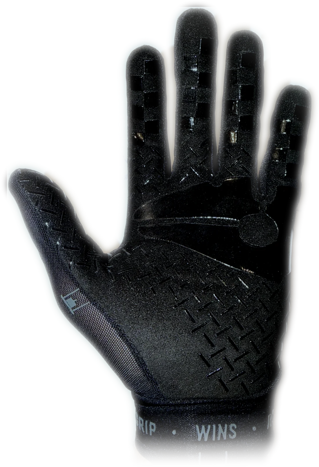 Palm of the Sled & Stone glove: black silicone grip and checkerboard fingertips
